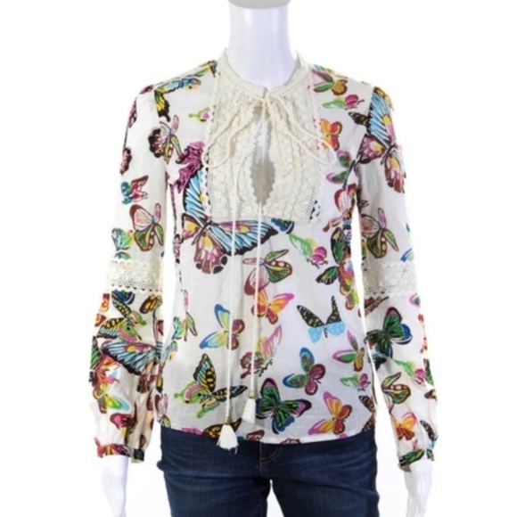 Tory Burch Women’s White Cotton Butterfly V-neck Long Sleeve Blouse - Picture 2 of 16